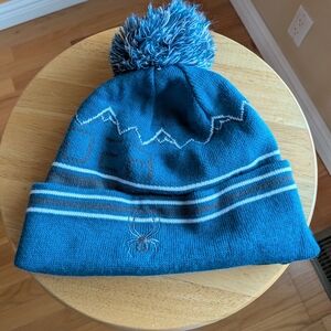 Blue Knit Pom Beanie Hat with Spider Logo Man’s one size